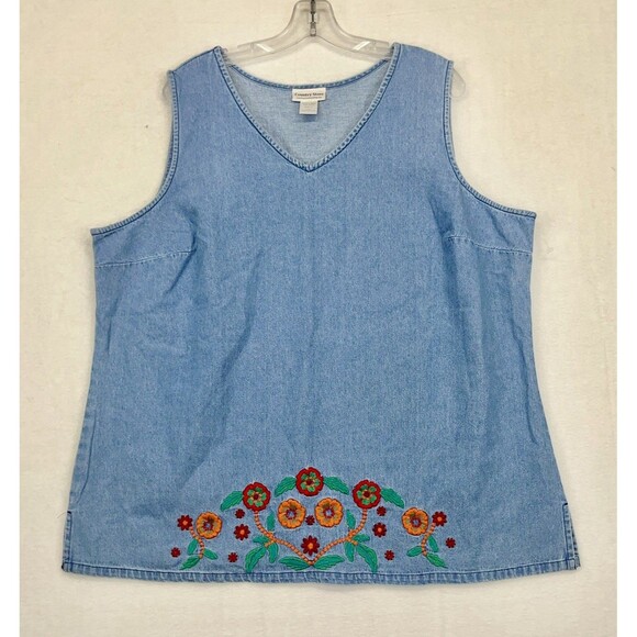 Sleeveless Denim Top With Floral Embroidery At Hem Size 1X By County Store - Picture 6 of 6